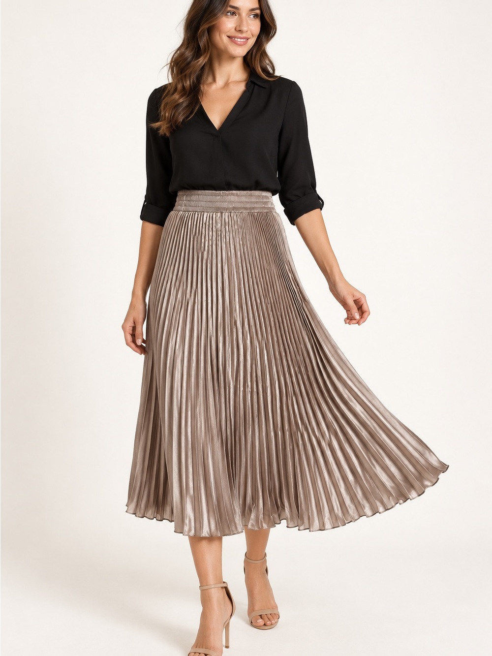 Champagne Taupe Silky Accordion Pleated Long Midi Skirt Stretch size Small